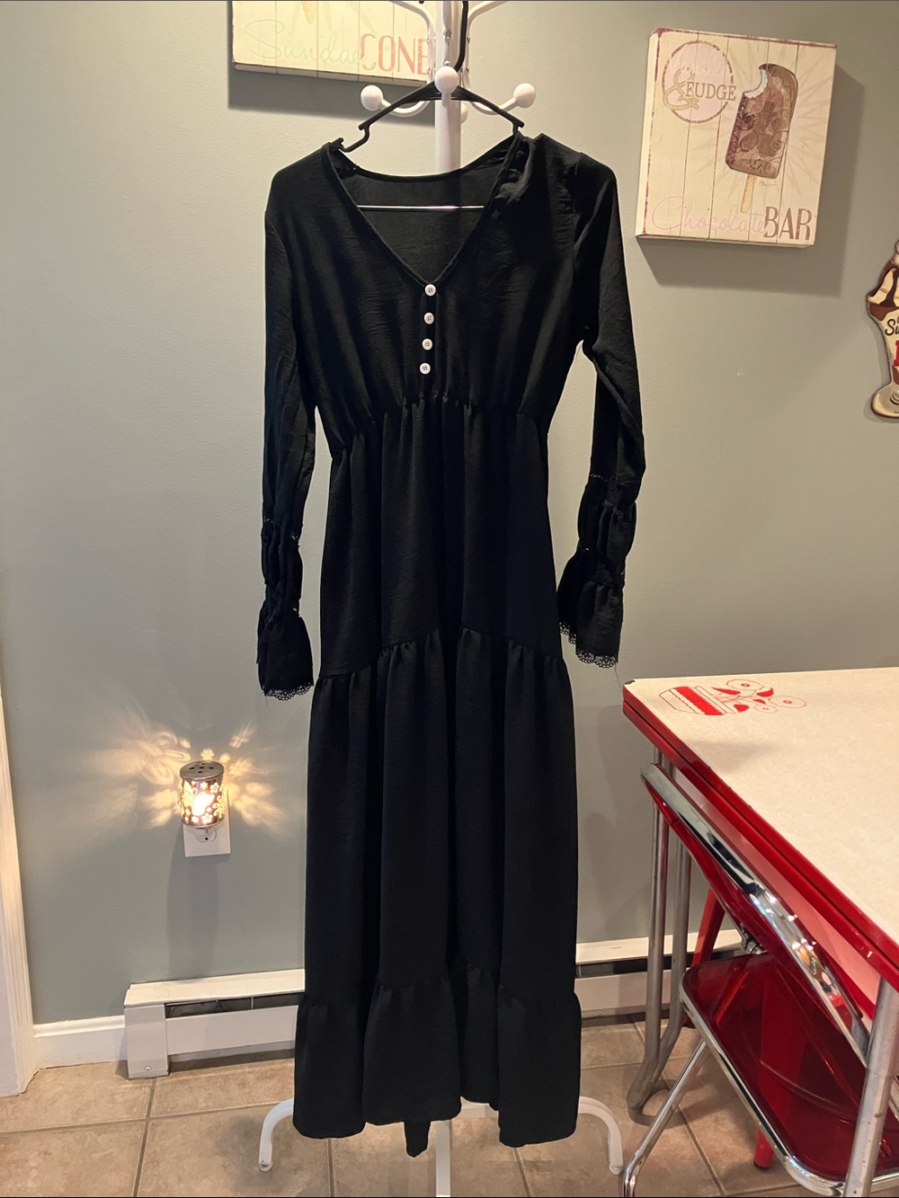 Long Black Tiered V-Neck Maxi Dress with Button Detail